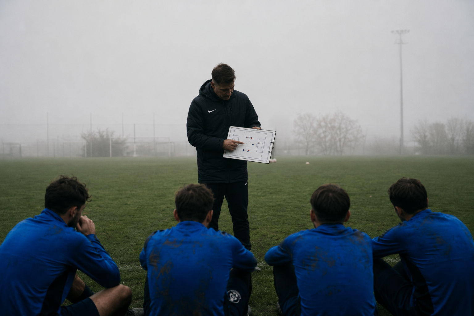 A coach drawing a formation on a dressing room whiteboard