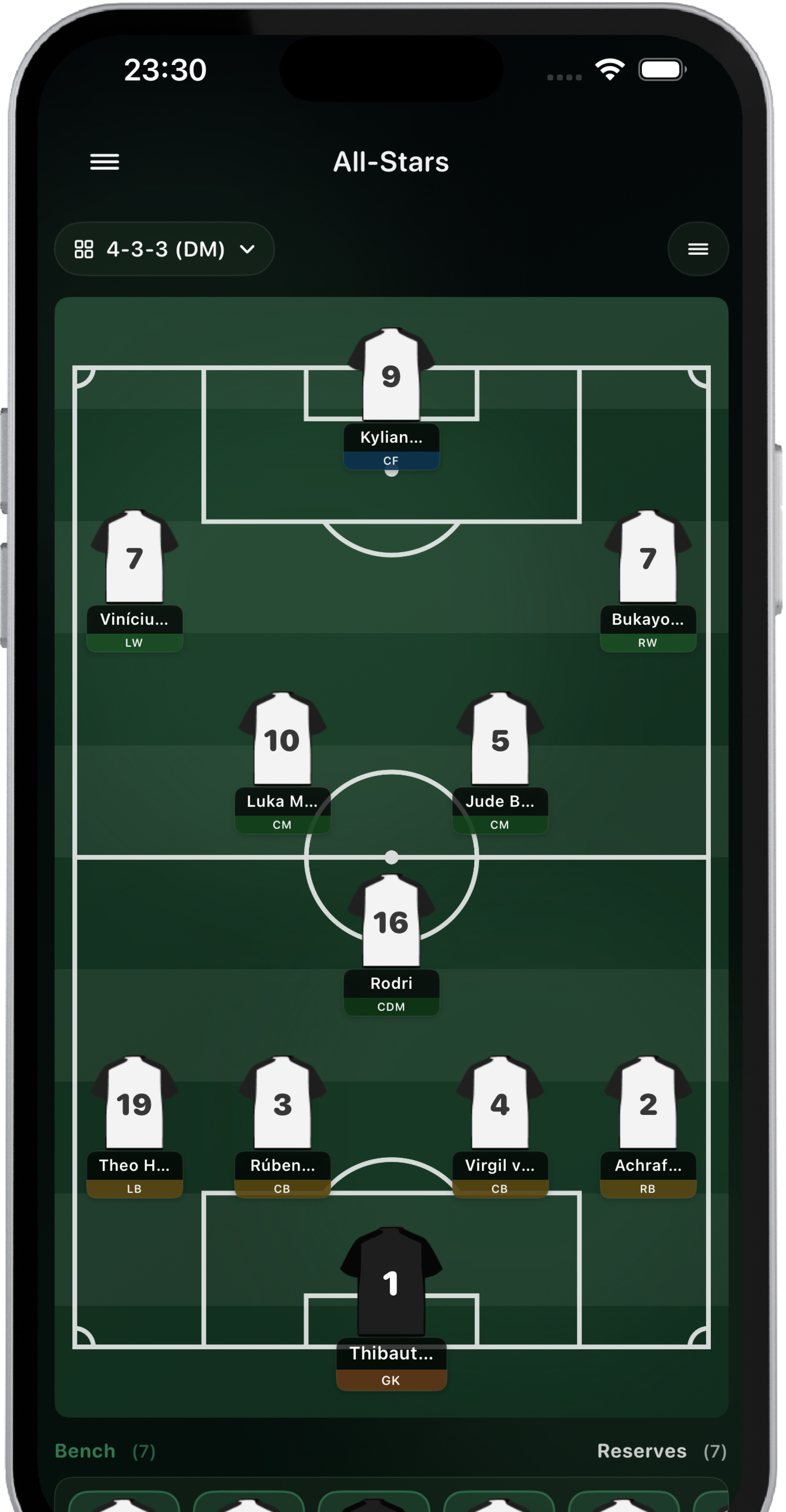Tactico formation board showing a lineup on iPhone