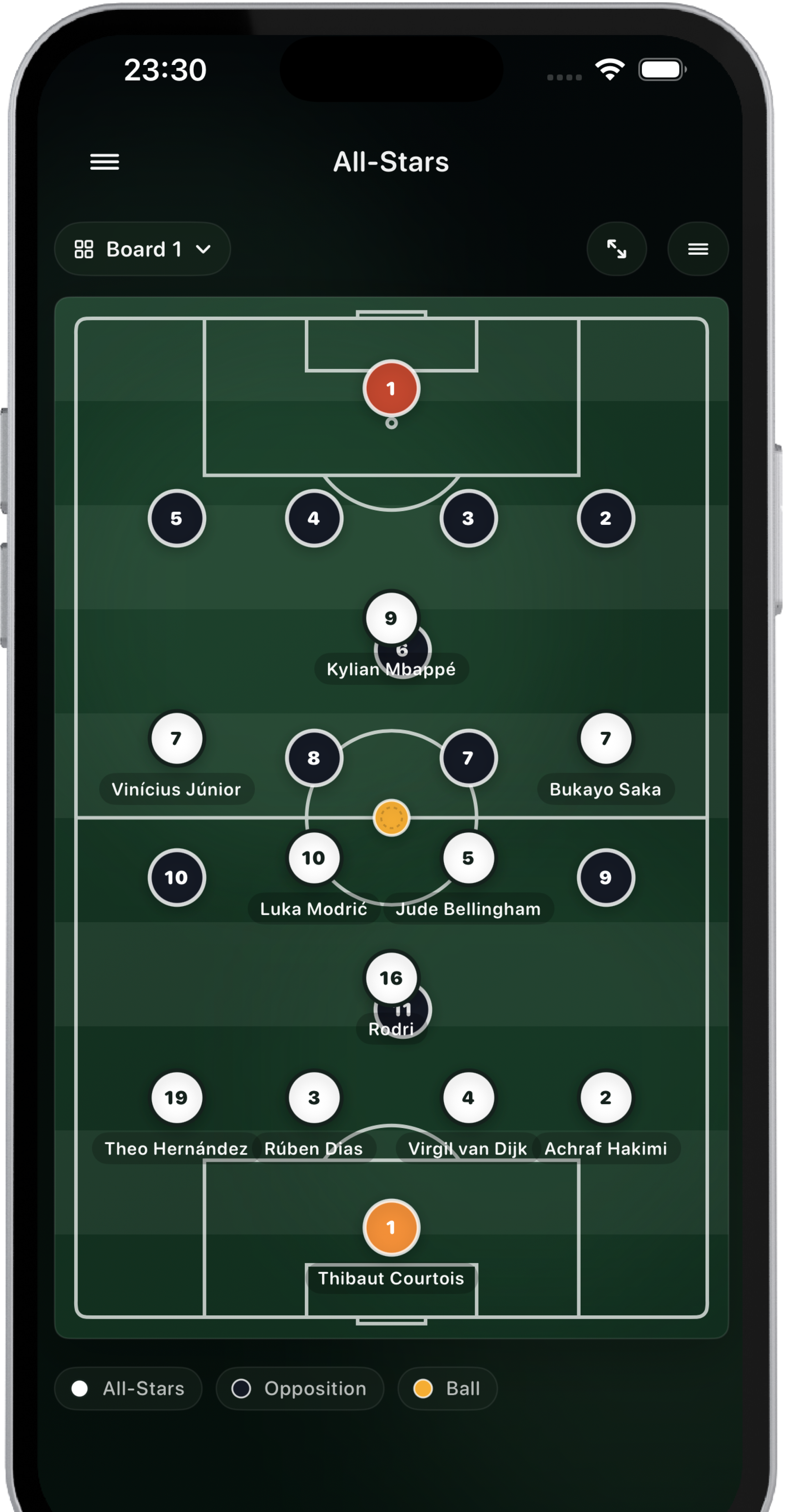 Tactico instruction board showing a tactical setup on iPhone