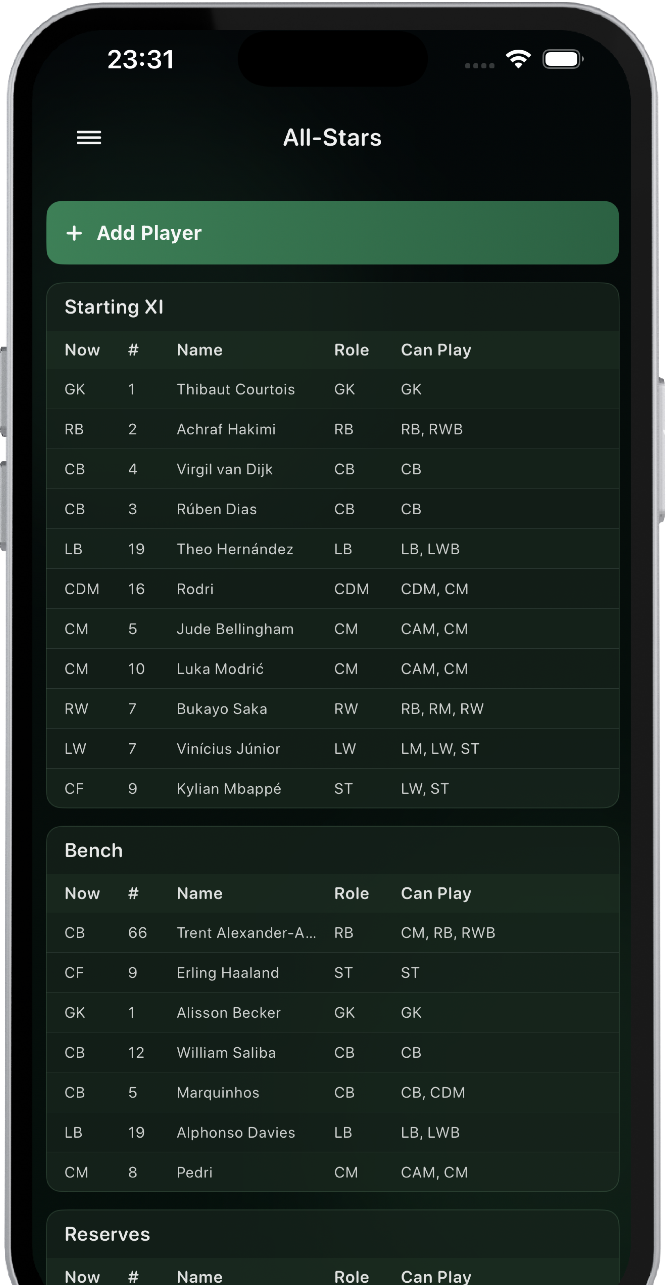 Tactico squad list showing Starting XI, Bench and Reserves on iPhone